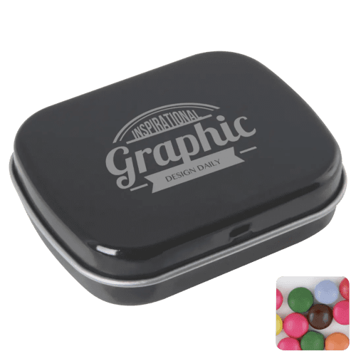 Logo Branded Flat Tin Filled with Chocolate Beans in Black printed with your company logo