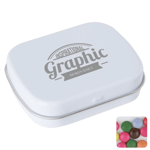 Promotional Flat Tin Filled with Chocolate Beans in White printed with your company logo