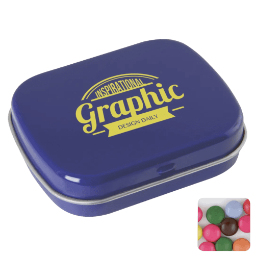 Customisable Flat Tin Filled with Chocolate Beans in Blue printed with your company logo