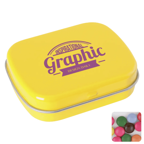 Personalisable Flat Tin Filled with Chocolate Beans in Yellow printed with your company logo