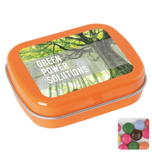 Custom Branded Flat Tin Filled with Chocolate Beans in Orange printed with your company logo
