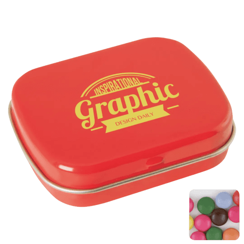 Custom Printed Flat Tin Filled with Chocolate Beans in Red printed with your company logo