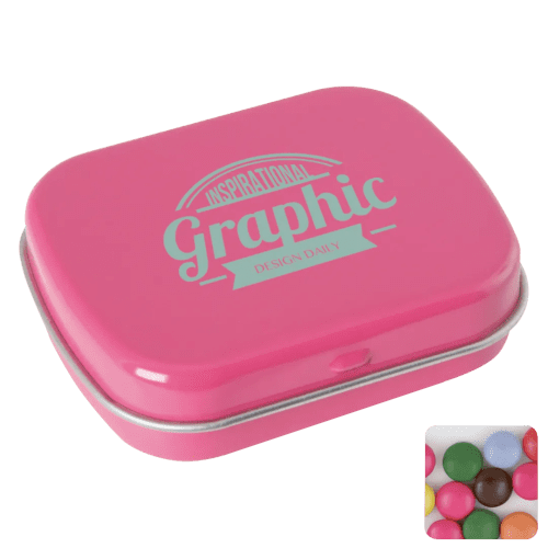 Logo Branded Flat Tin Filled with Chocolate Beans in Pink printed with your company logo