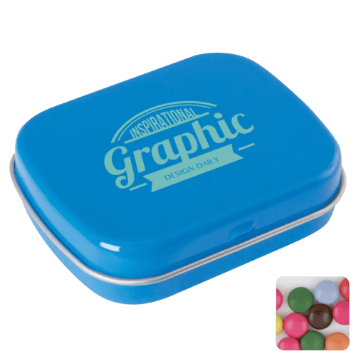 Logo Printed Flat Tin Filled with Chocolate Beans in Light Blue printed with your company logo