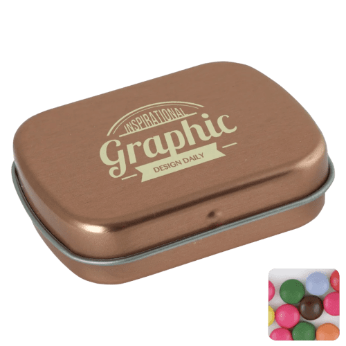Promotional Flat Tin Filled with Chocolate Beans in Rose Gold printed with your company logo