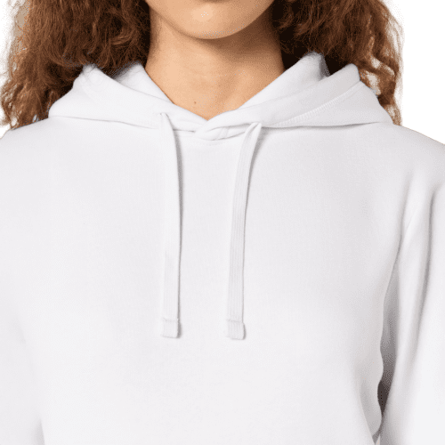 Close up of the White Stanley Stella Drummer Hoodies with a design from Total Merchandise