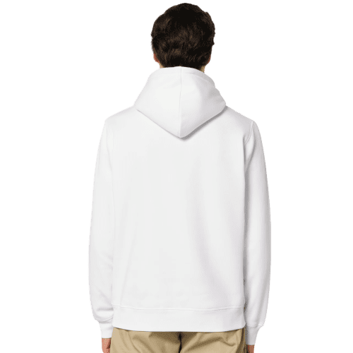 Close up of the White Stanley Stella Drummer Hoodies with a design from Total Merchandise