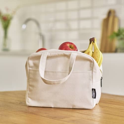 Lifestyle image of the Recycled Cooler Bag in Beige printed with your logo from Total Merchandise