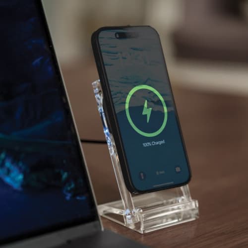 Lifestyle image of the MagSafe 15W Magnetic Wireless Charging Stand in Transparent
