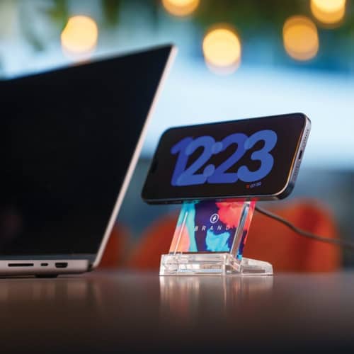 Lifestyle image of the MagSafe 15W Magnetic Wireless Charging Stand in Transparent