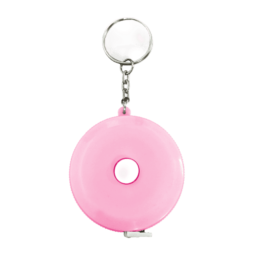 Promotional Circular Tape Measure Keyring in Pink with a design from Total Merchandise