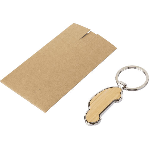 Personalisable Bamboo Zinc Car Keyrings in Brown branded with your logo from Total Merchandise