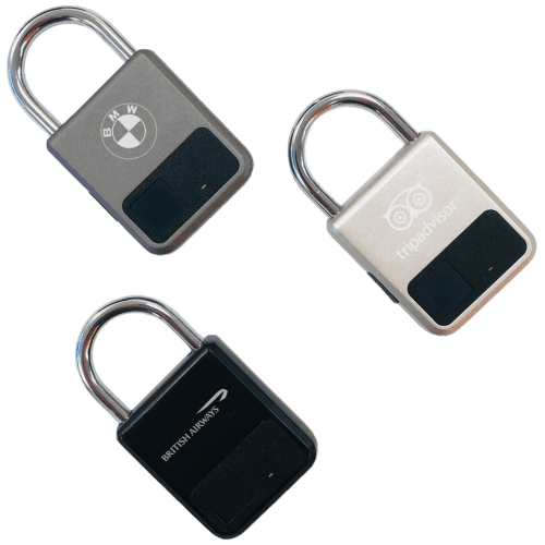 Group image of the fingerprint padlocks with engraved designs from Total Merchandise
