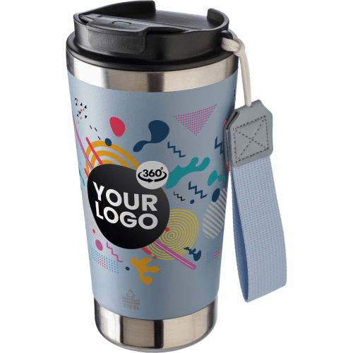 500ml Recycled Steel Double Walled Travel Mug in Pastel Blue with a design from Total Merchandise