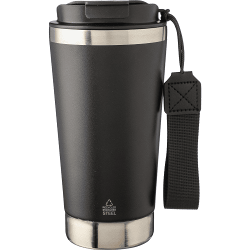 Branded 500ml Recycled Steel Double Walled Travel Mug in Black from Total Merchandise