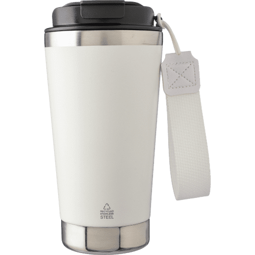 Logo printed 500ml Recycled Steel Double Walled Travel Mug in White from Total Merchandise