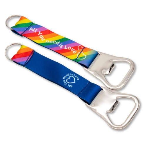 Promotional Pride 25mm Bottle Opener rPET Strap Keyring in Rainbow from Total Merchandise