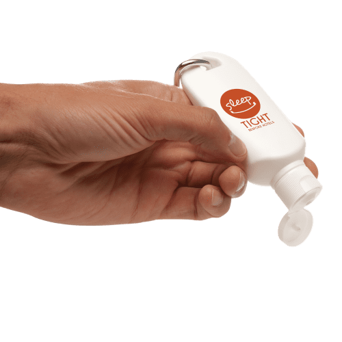Customisable 30 SPF Carabiner Sun Cream in White branded with your logo from Total Merchandise