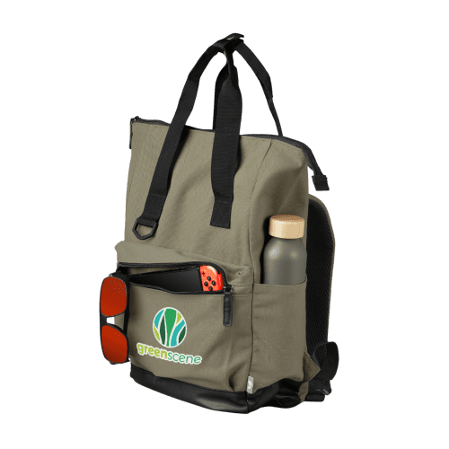Customisable Recycled Cotton Canvas Tote Backpack in Dark Green from Total Merchandise