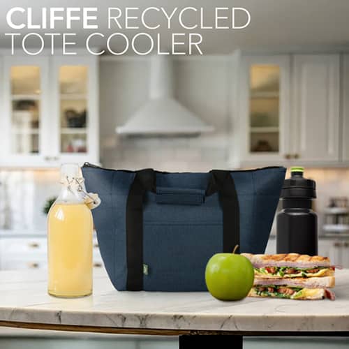 Lifestyle image of the rPET Recycled Cooler Tote Bag in Navy Blue from Total Merchandise