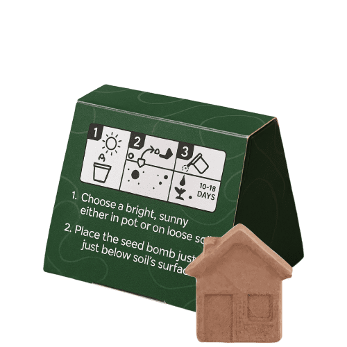Promotional House Shaped Seed Bomb Mini Box in White with a design from Total Merchandise