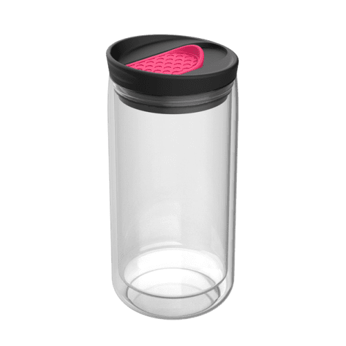 Customised 300ml Glass Nizza Thermo Mug Clear/Magenta engraved with your company logo