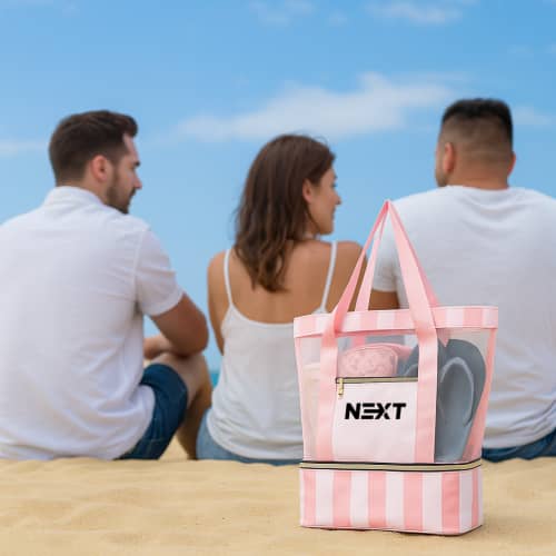 Lifestyle image of the Mesh Beach Tote Bag with a design from Total Merchandise