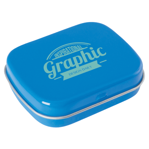 Custom Flat Hinged Tin with Jelly Beans in Light Blue with a design from Total Merchandise
