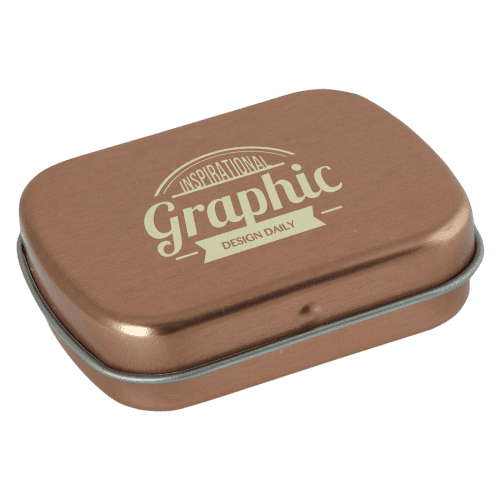 Custom printed Flat Hinged Tin with Jelly Beans in Rose Gold with a design from Total Merchandise