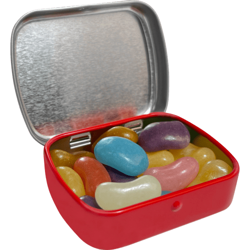 Open tin of the Flat Hinged Tin with Jelly Beans from Total Merchandise