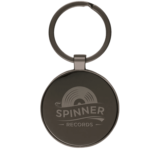 Logo printed Circular Gunmetal Keyring with an engraved design form Total Merchandise