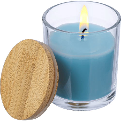 Customisable Glass Candle in Light Blue branded with your logo from Total Merchandise