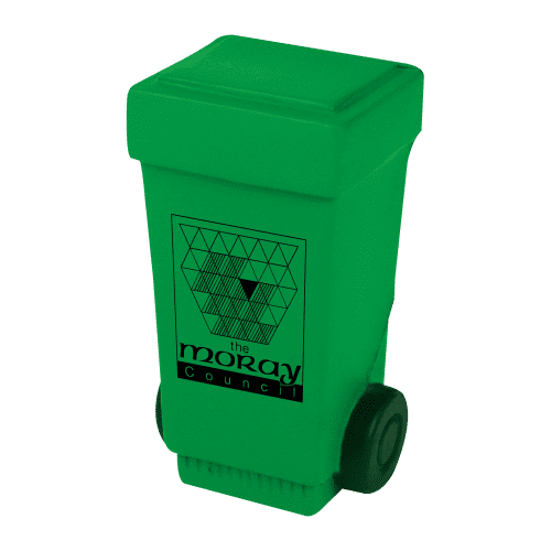 Custom branded Stress Wheelie Bins in green From Total Merchandise