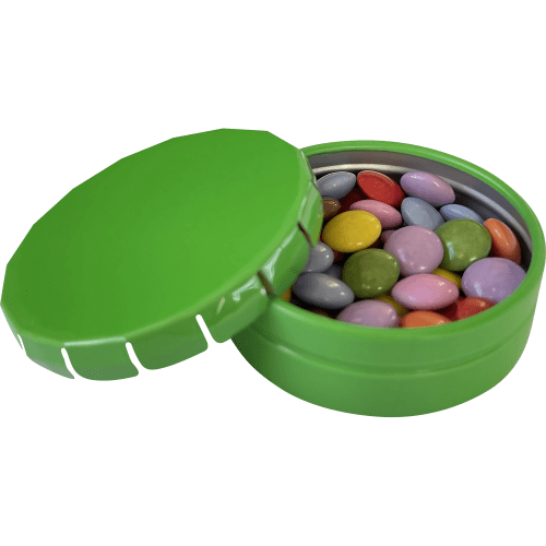 Round Click Tin Filled with Chocolate Beans in Light Green
