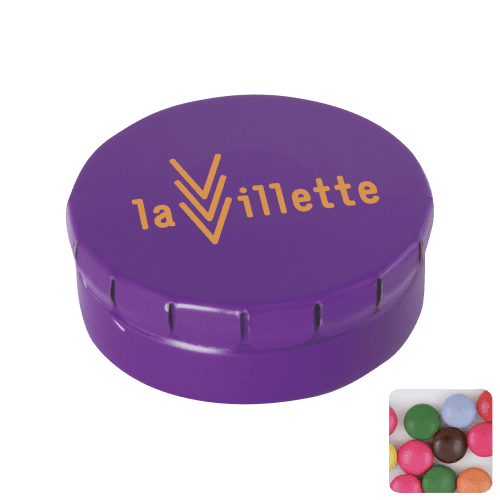 Round Click Tin Filled with Chocolate Beans in Purple