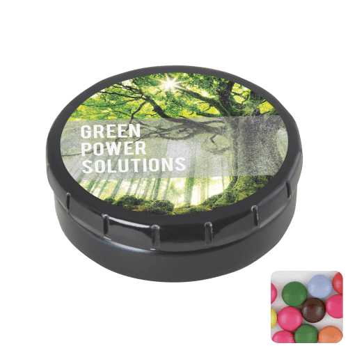 Round Click Tin Filled with Chocolate Beans in Black