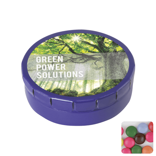 Round Click Tin Filled with Chocolate Beans in Blue