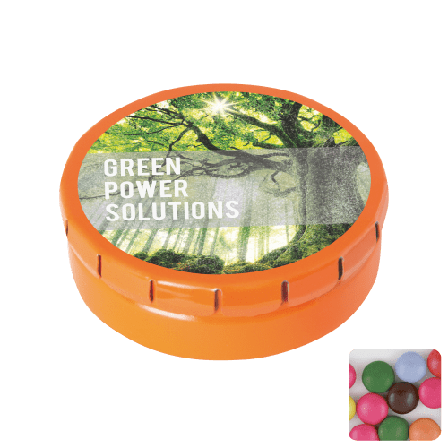 Round Click Tin Filled with Chocolate Beans in Orange