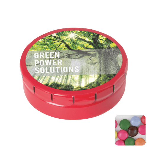 Round Click Tin Filled with Chocolate Beans in Red