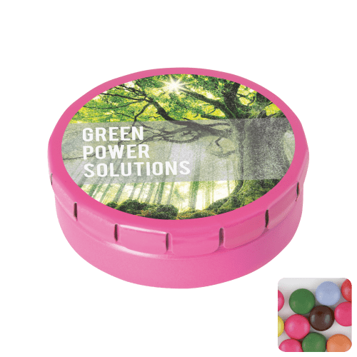 Round Click Tin Filled with Chocolate Beans in Pink