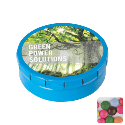 Round Click Tin Filled with Chocolate Beans in Light Blue