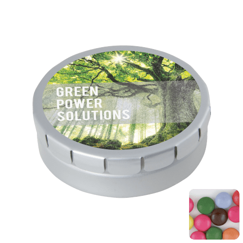 Round Click Tin Filled with Chocolate Beans in Light Grey