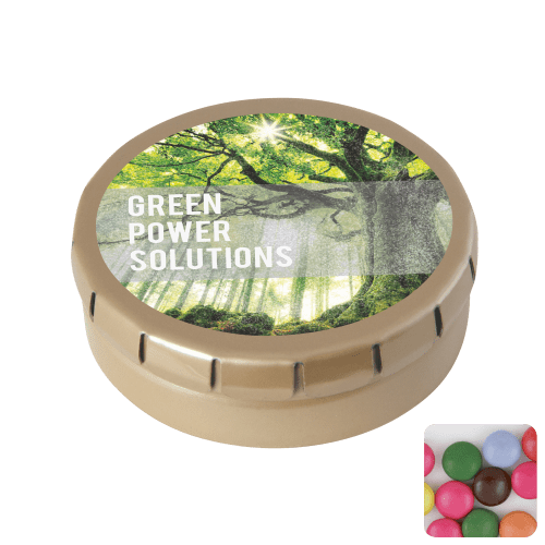 Round Click Tin Filled with Chocolate Beans in Gold