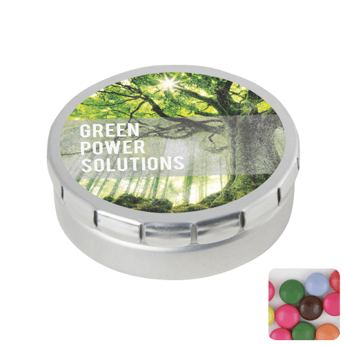 Round Click Tin Filled with Chocolate Beans in Silver