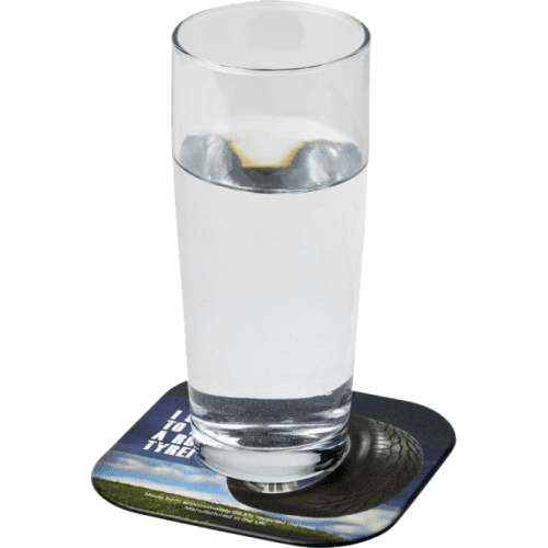 Lifestyle image of the Square Brite Mat Tyre Coasters in Black from Total Merchandise