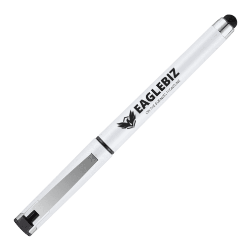 Custom Branded Gel Roller Pen with Stylus in White printed with your logo from Total Merchandise