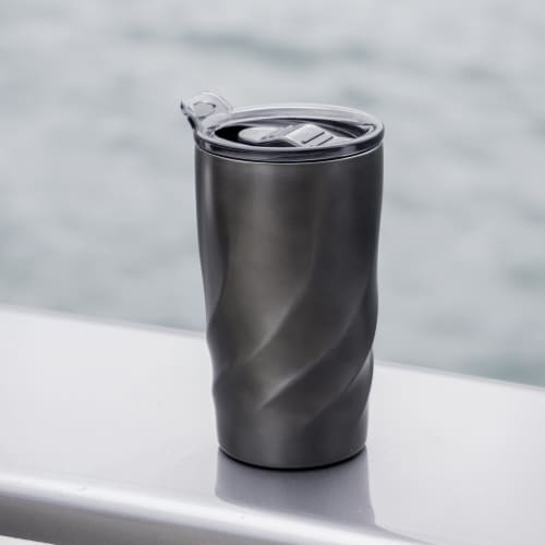 Lifestyle image of the BrandCharger Recycled Stainless Steel Travel Mug in Gunmetal Grey