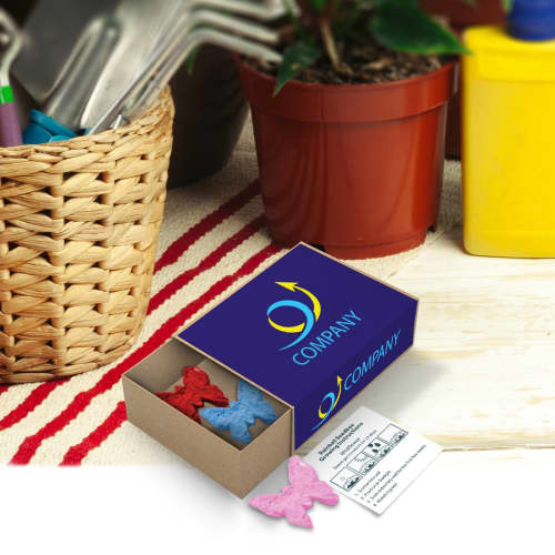 Lifestyle image of the Butterfly Rainball Seed boxes wirth a design from Total Merchandise