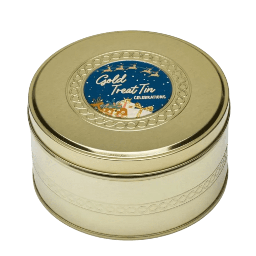 Treat Tin with Celebrations Chocolates in Gold branded with your company logo from Total Merchandise