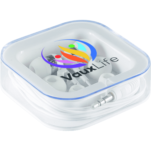 Promotional Earbud Set in White with a design from Total Merchandise